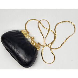 Vintage Judith Leiber Style Black Leather Clutch Crossbody Handbag Purse
